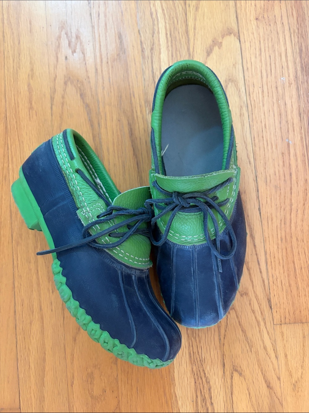 L.L. Bean Navy and Green Lace-Up Duck Shoes The iconic short "Bean Boot"